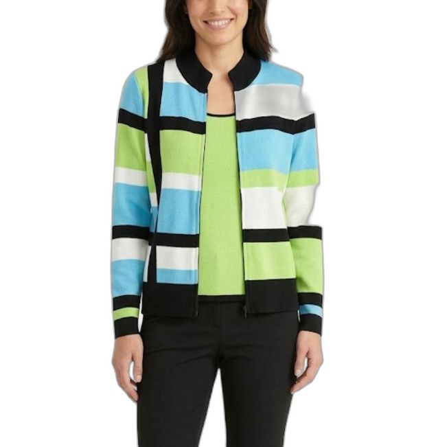 Ming Wang Women's Lime Aqua Color Block 2 Piece Zipper Front Sweater Set Size S